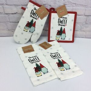 4 Pc Kitchen Set “Gnome Sweet Gnome” Christmas 2 Towels/1 Oven Mitt/1 Pot Holder